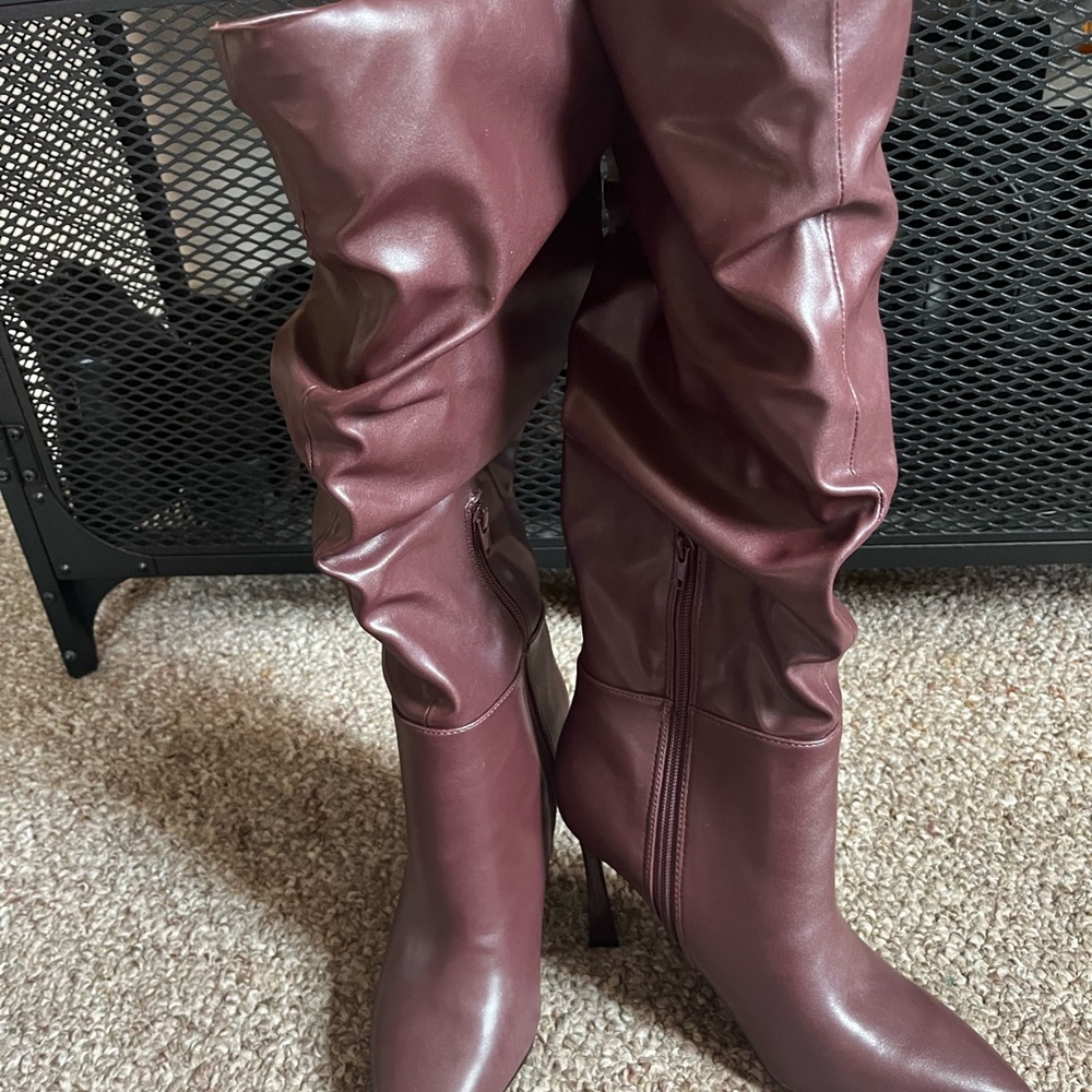 Burgundy Knee-High Slouchy Boots